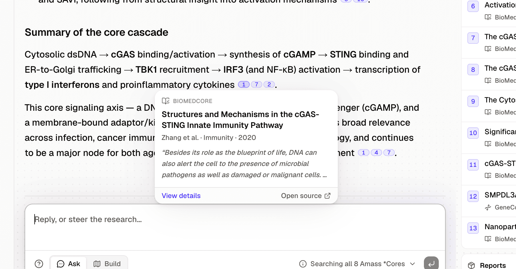 Amass returning cited evidence from biomedical literature