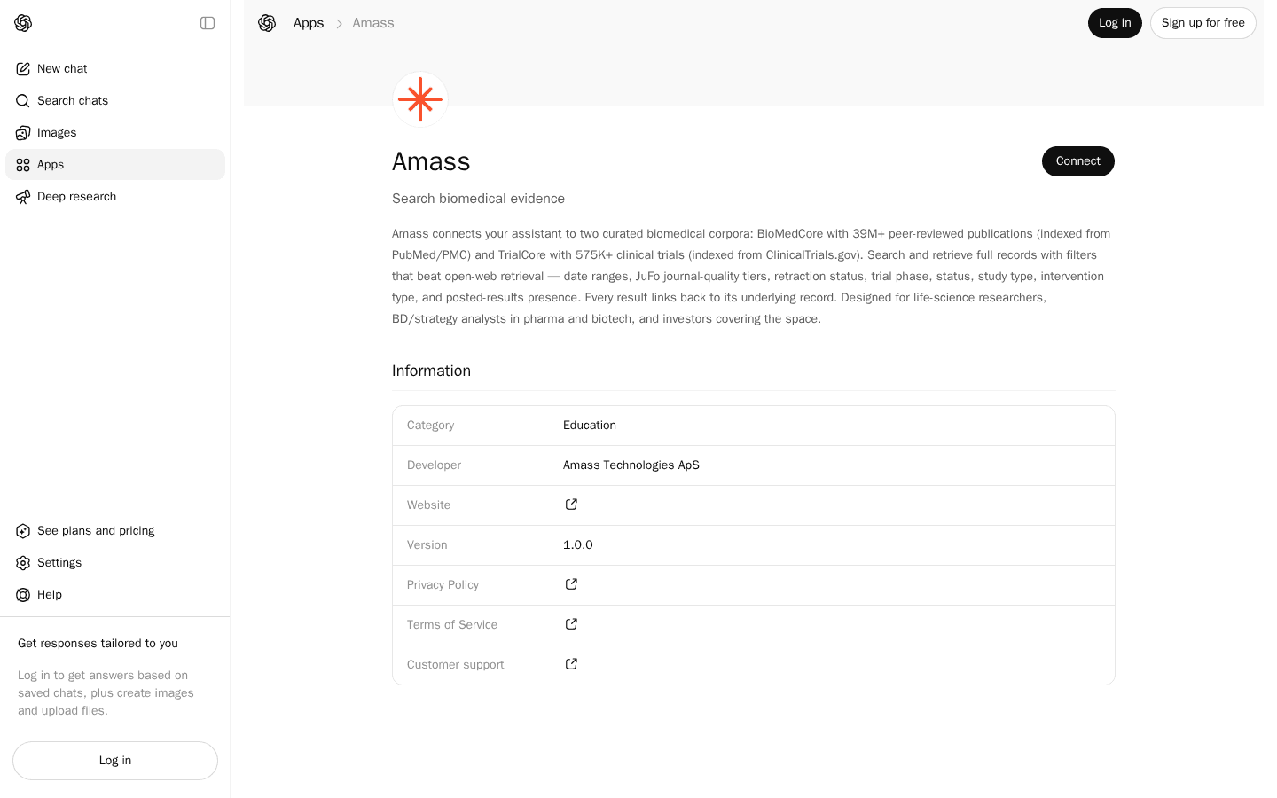 Amass listing in the ChatGPT app store with the Connect button