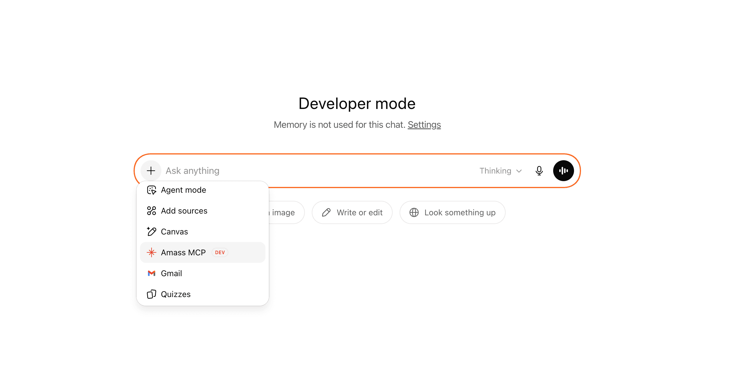 ChatGPT composer in developer mode with the + menu open and Amass MCP listed