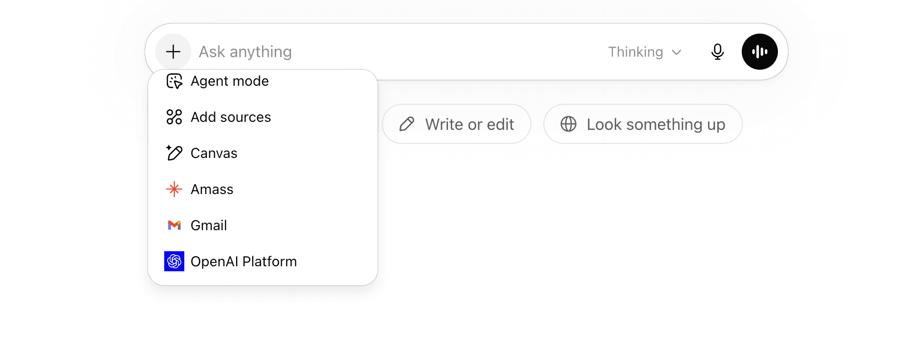 ChatGPT composer with the + menu open and Amass MCP listed