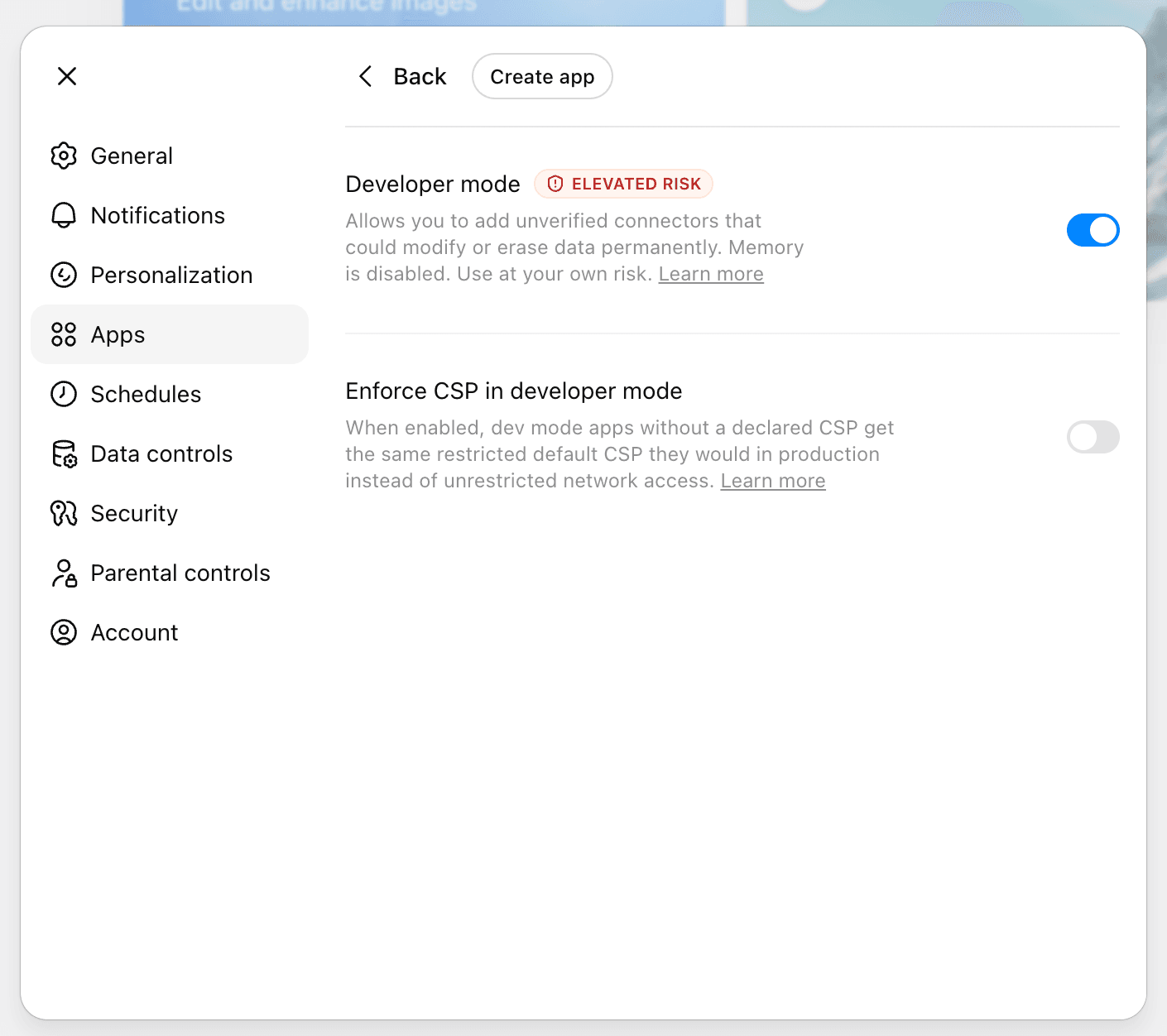 ChatGPT Apps settings panel with Developer mode toggle off