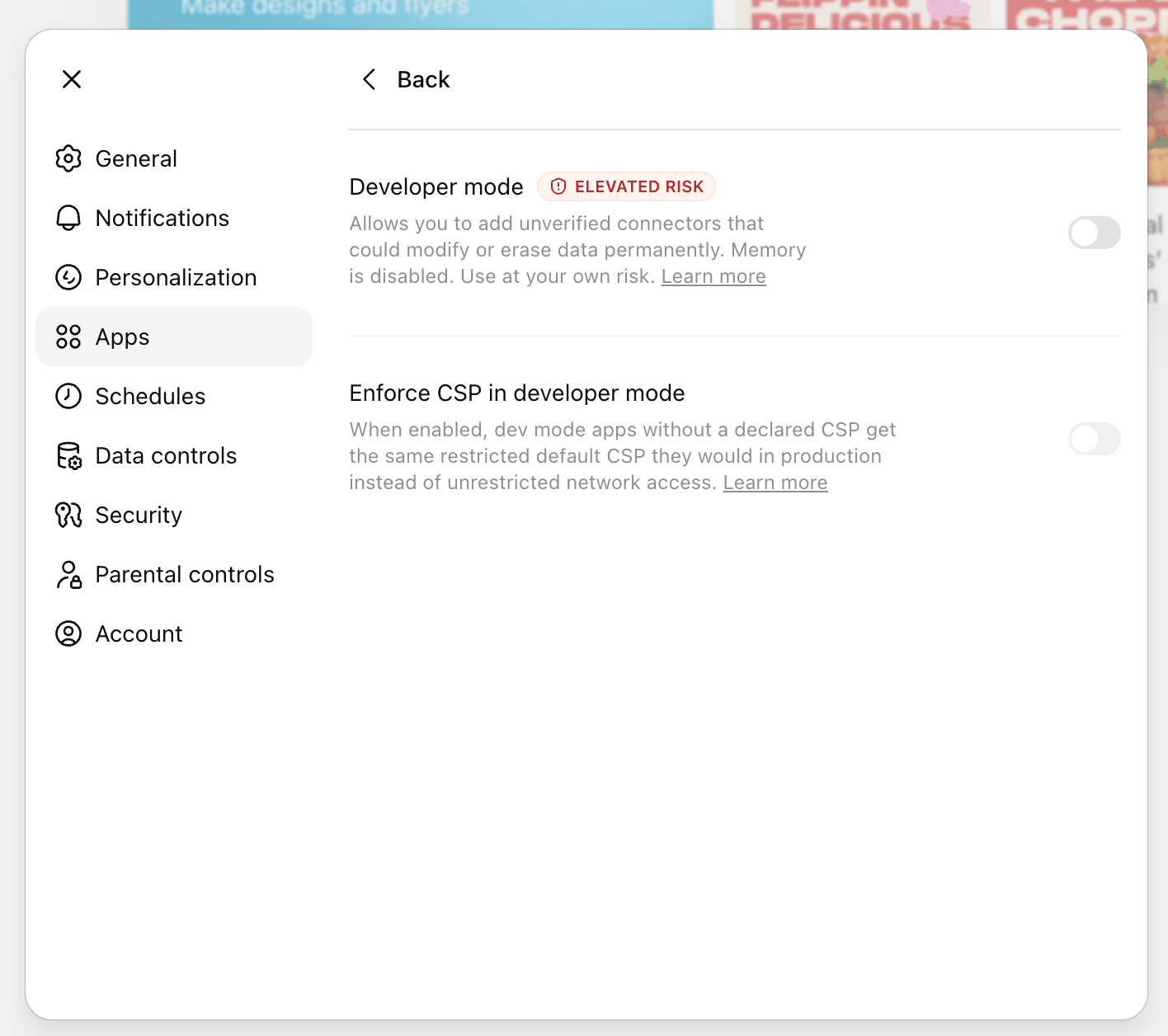 ChatGPT Apps settings, Developer mode toggled on, Create app button visible