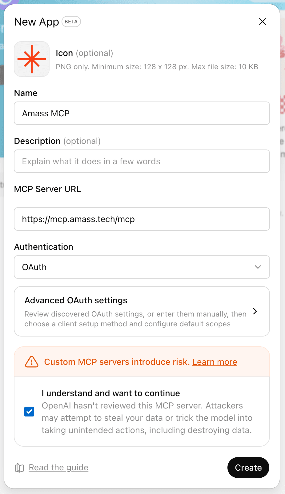 New App dialog with Amass MCP filled in