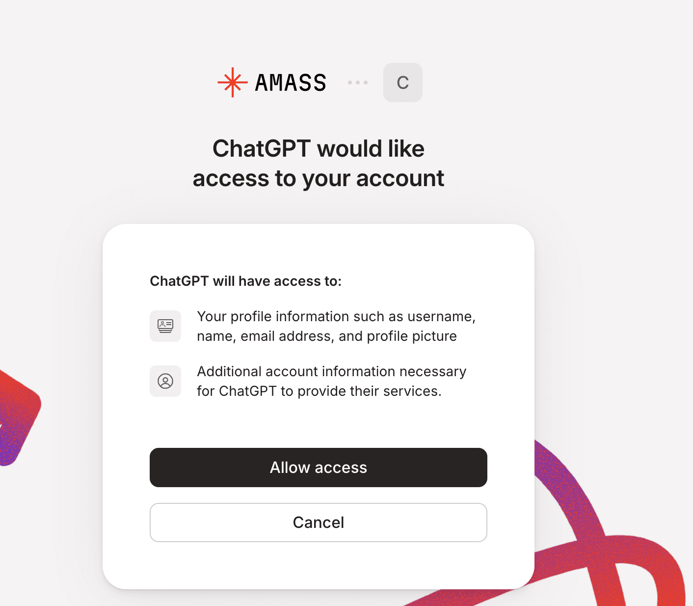 Amass OAuth screen — sign in and allow access