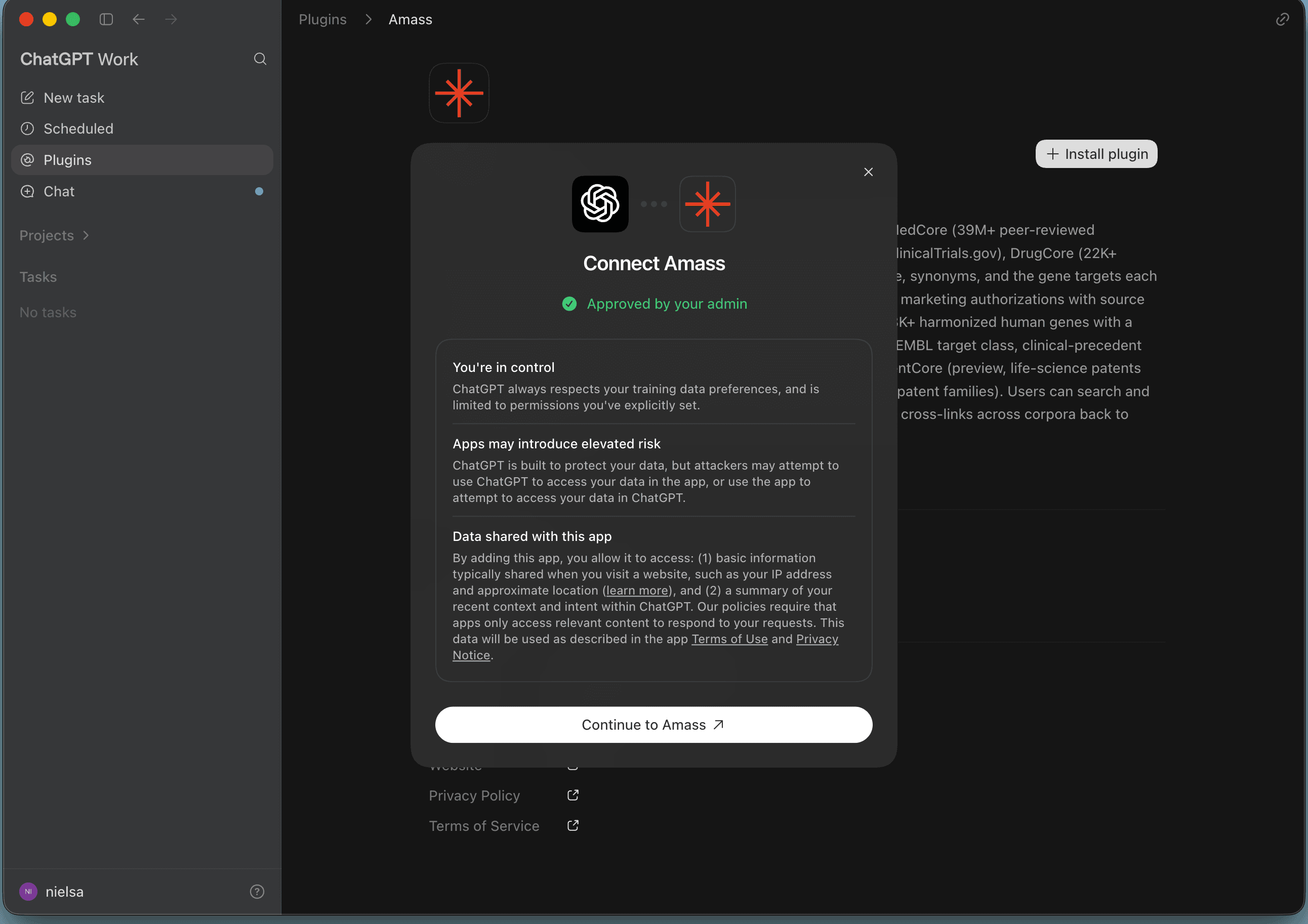 ChatGPT's Connect Amass dialog showing the data-sharing summary and the Continue to Amass button