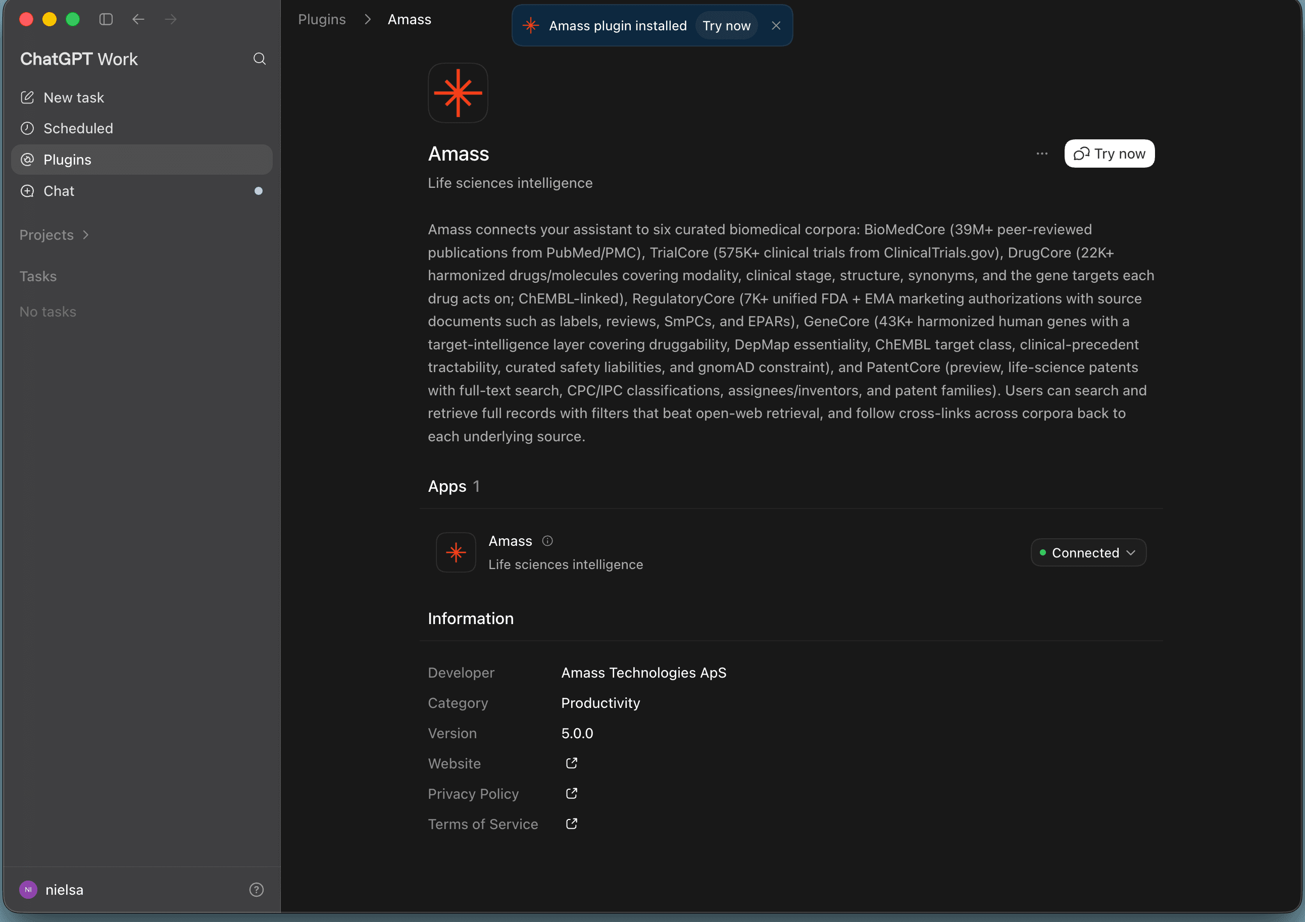 The Amass plugin page after install — 'Amass plugin installed' toast, the app marked Connected, and a Try now button