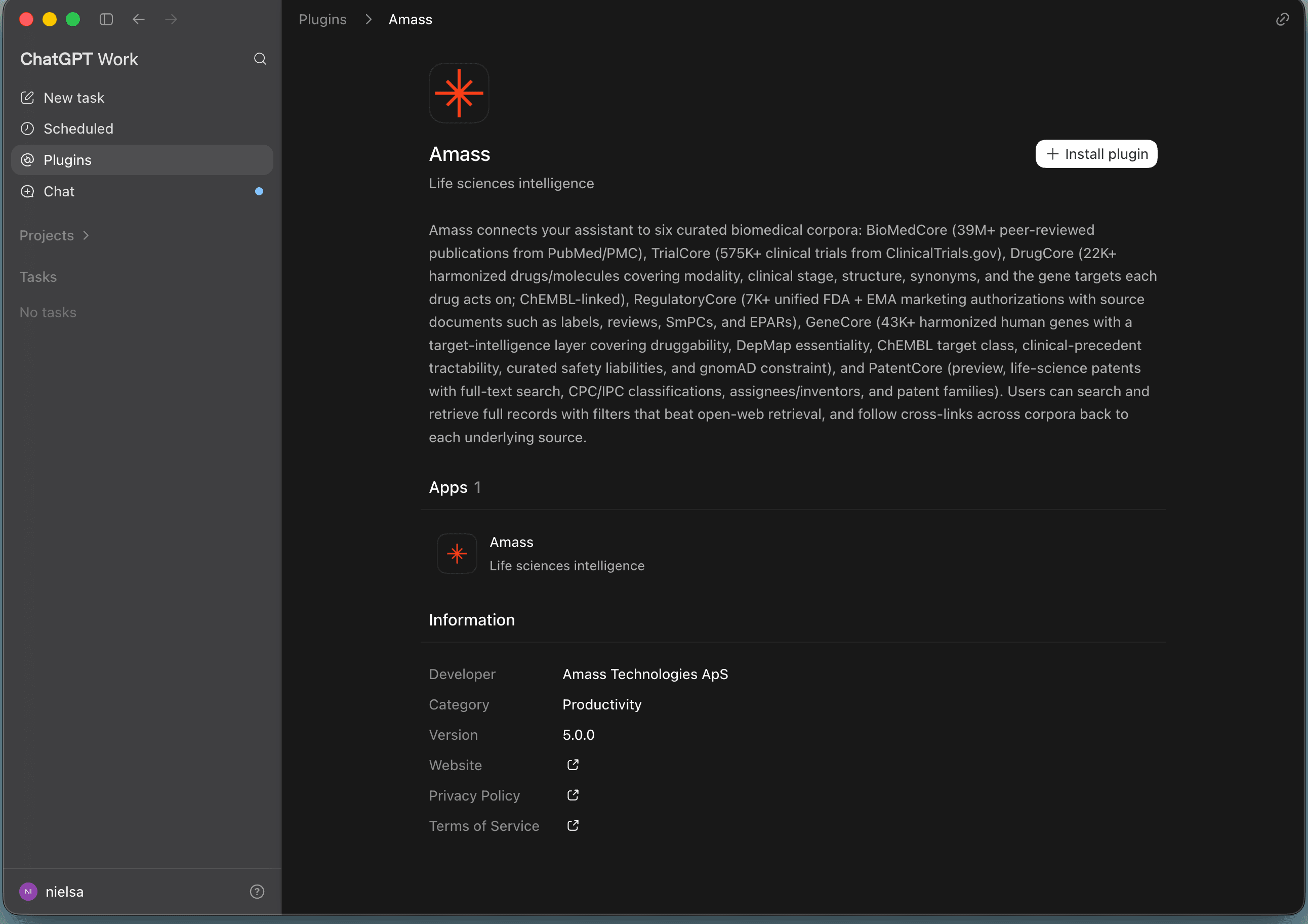 The Amass plugin listing in ChatGPT with the Install plugin button