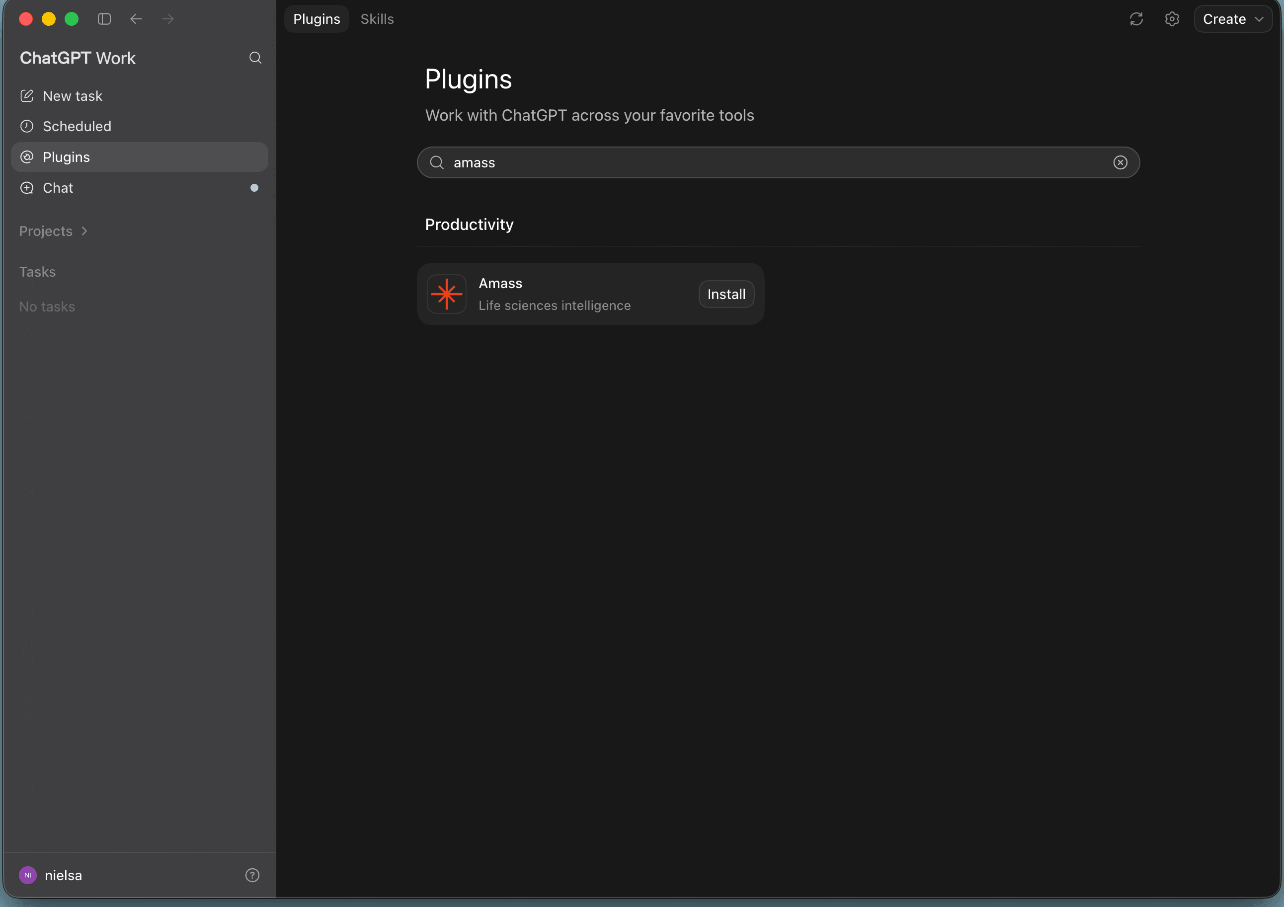 ChatGPT's Plugins page with 'amass' in the search field and the Amass listing in the results with an Install button