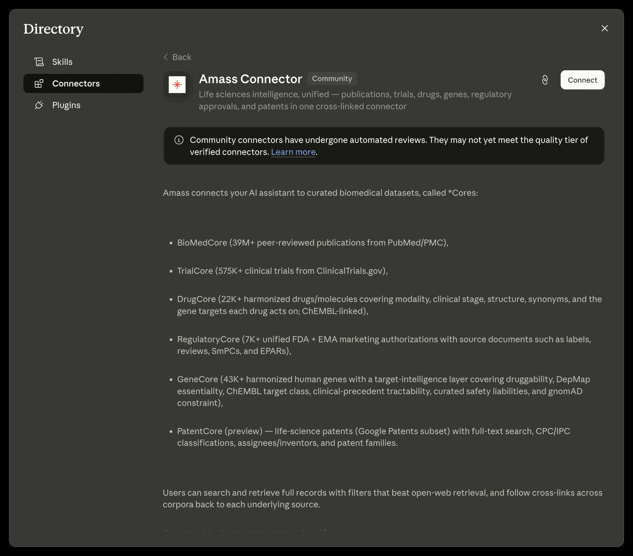 The Amass Connector listing page in Claude's directory — life sciences intelligence description, the *Cores it exposes, and the Connect button top-right