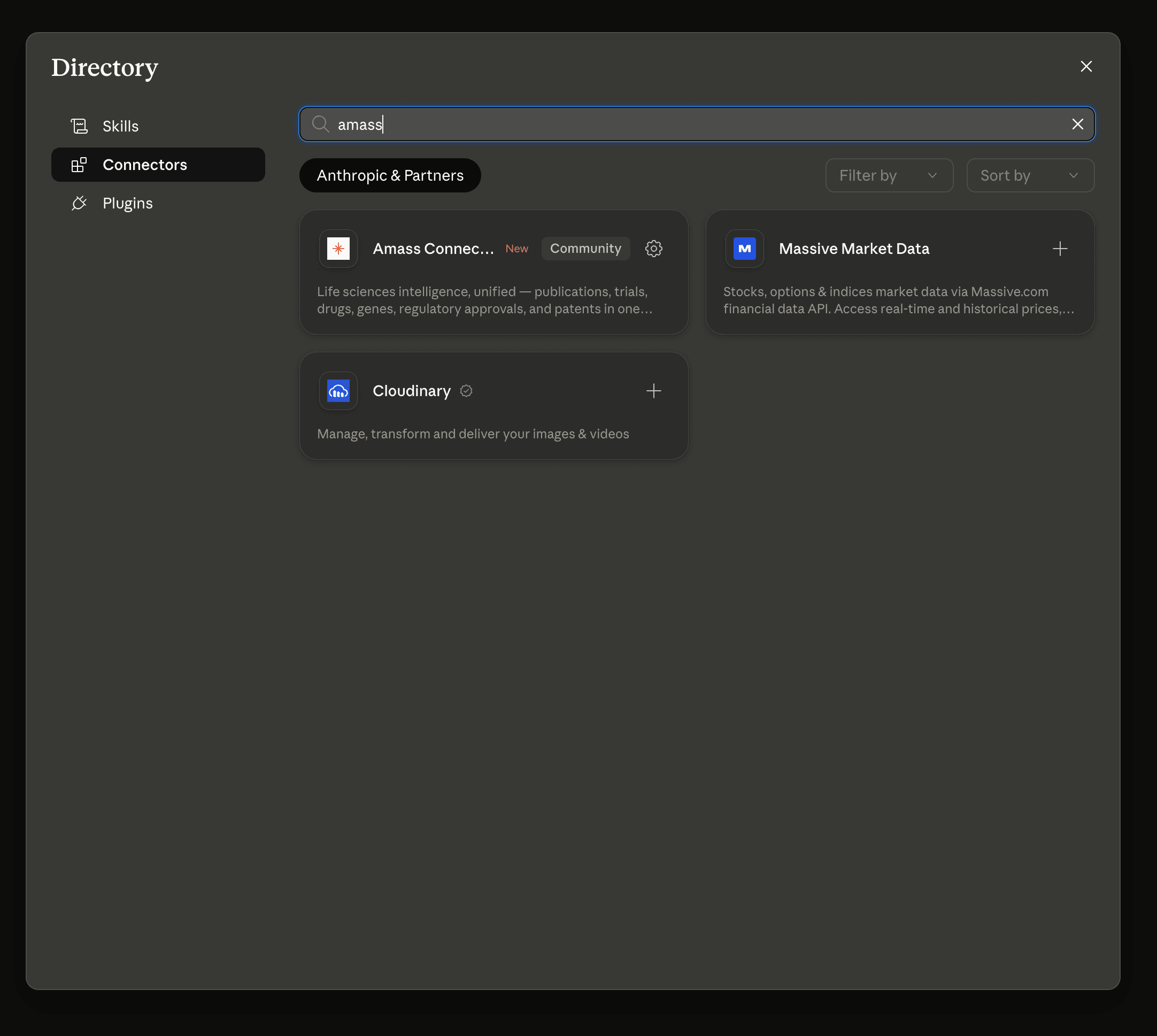 Claude's directory overlay on the Connectors tab with 'amass' in the search field and the Amass Connector listing in the results