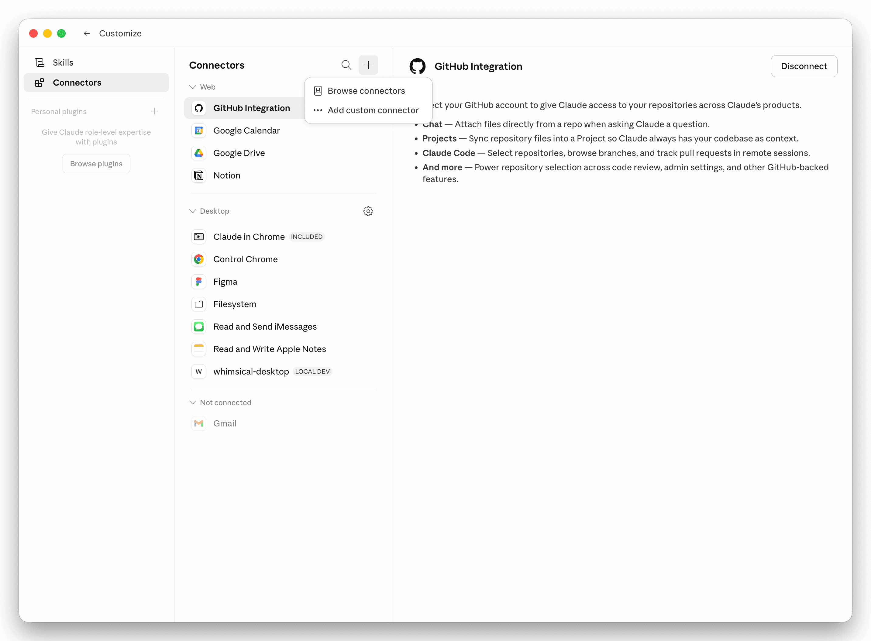 Claude Customize → Connectors panel with the + menu open showing Browse connectors and Add custom connector