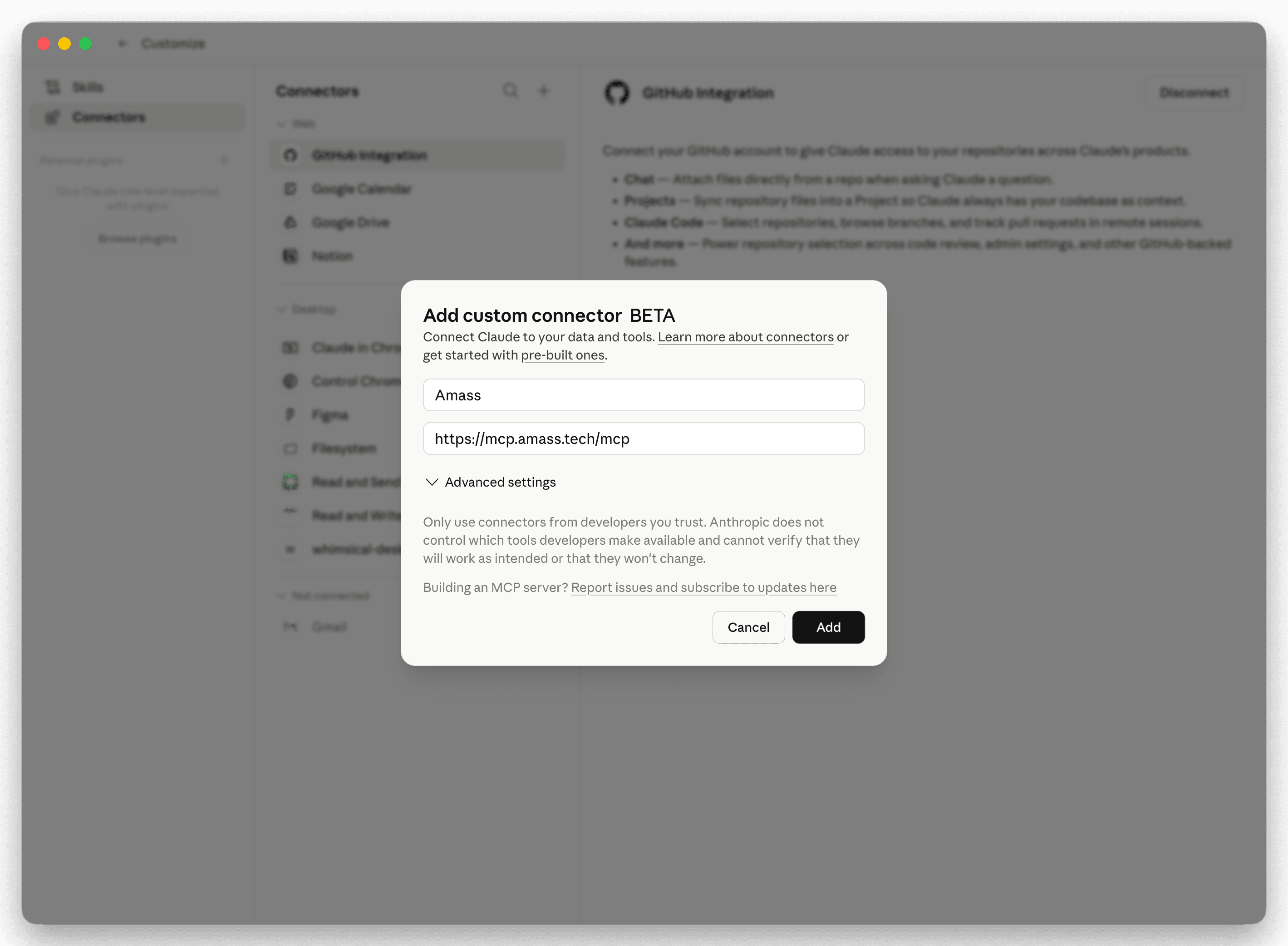 Add custom connector dialog filled in: Name = Amass, Remote MCP server URL = https://mcp.amass.tech/mcp